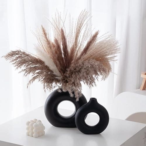 Hanaomaoyi Black Ceramic Donut Vase Set of 2, Hollow Round Matte Pampas Flower Vases for Boho Home Wedding Party Room Dinner Table Shelf Decor.（Black） thumbnail 5