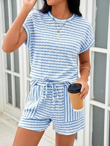 Tankaneo Womens Striped Summer 2 Piece Short Sets | Short Sleeve T Shirts, Drawstring Shorts, Casual Outfits, Lounge Pajama Sets thumbnail 3