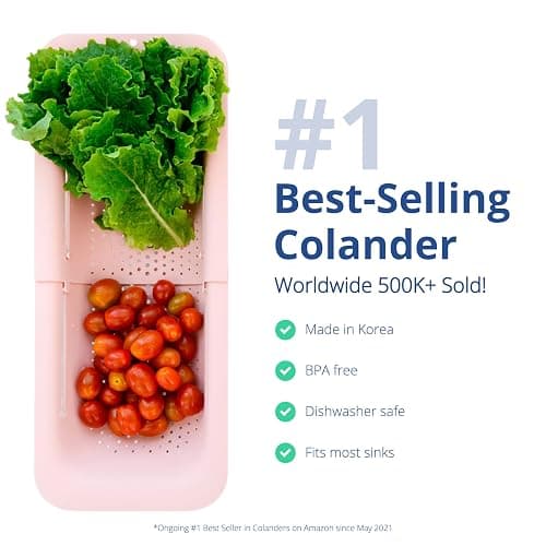 BLUE GINKGO Over The Sink Colander Strainer Basket - Wash Vegetables and Fruits, Drain Cooked Pasta and Dry Dishes - Extendable - New Home Kitchen Essentials (20 W x 36.8-49.5 L x 6.9 H cm) - Pink thumbnail 4