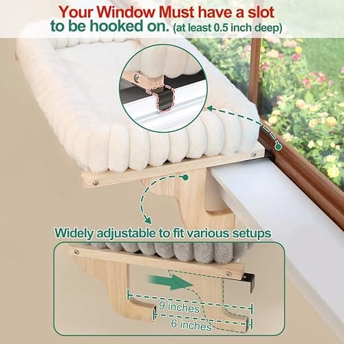 Zakkart SnugCloud Cat Window Perch with 4-Sided Bolster - Orthopedic Cat Hammock for Window Sill - Solid Hardwood & Metal Frame - Window Seat for Pets (Natural Color Wood w/White Bed, Medium) thumbnail 2