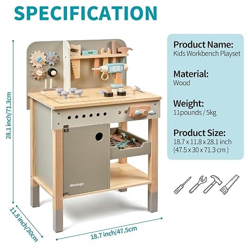 Kids Tool Bench,Wooden Play Tools Set with Kids Tool Belt Toddlers Workbench Pretend Construction Tools Set Wooden Toy Drill Gift for Boys & Girls Age 3-5 thumbnail 2