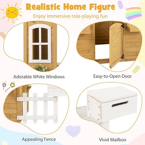 Costzon Outdoor Playhouse, Fir Wood Patio Pretend Play Center w/Bench, Mailbox, Fence, Serving Stations, Flowerpot Holders, Windows & Door, Children Play House for 2+ Years Old Kids thumbnail 4