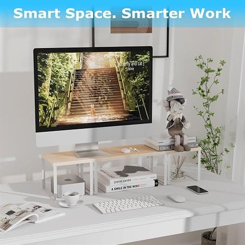 Aothia Wood Desktop Shelf for Top of Desk - 2-Tier Adjustable Bookshelf Organizer, Freestanding Stackable Shelves for Office, Home, Kitchen Counter (Oak) thumbnail 8