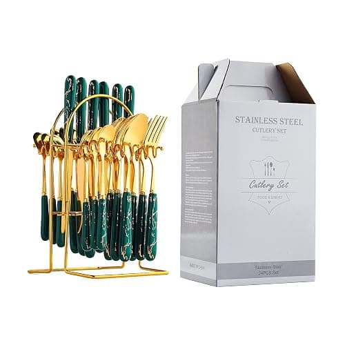 24-Piece Gilded Stainless Steel Flatware Set,Kitchen Utensil Tableware Cutlery Set Service for 6, Steak Cutlery Set for Home and Restaurant (Dark Green) thumbnail 4