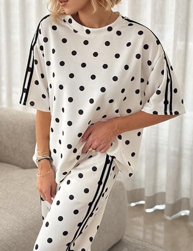calbatic Women Polka Dot 2 Piece Lounge Set Short Sleeve T Shirt Side Striped Barrel Pants Travel Airport Outfits thumbnail 3