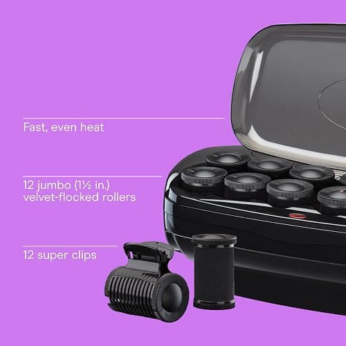 Conair Hot Rollers for Long, Medium & Short Hair, 12 Jumbo 1 ½" Heated Hair Rollers with Clips, Hot Curlers for Women, Volume & Curls, Amazon Exclusive, Black thumbnail 2
