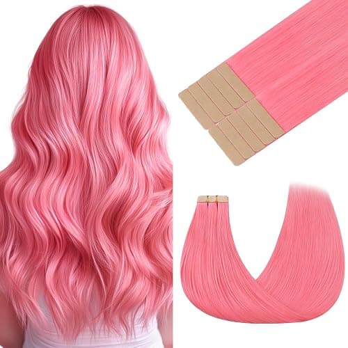 GOO GOO Tape in Hair Extensions Human Hair, Light Pink, 18inch 25g 10pcs, Colored Tape ins Human Hair Extensions, Silky&Soft Invisible Tape Ins, Hair Highlighted for Party - Image 1