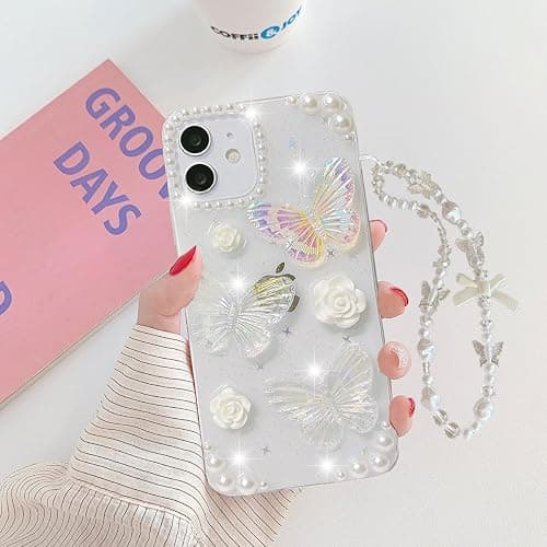 Changjia for iPhone 17 Clear Glitter Case, Cute Girly 3D Butterfly Floral Flowers Crystal Pearl Bling Sparkle Shiny with Wrist Strap Soft TPU Aesthetic Women Girls Phone Case for iPhone 17 6.3", Clear thumbnail 5