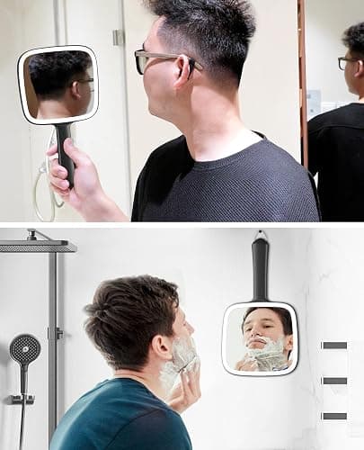 Famihomii Hand Mirror with 3 Light Color & Dimmable, Lighted Handheld Mirror, Lightweight & Durable, Portable & Hangable for Makeup Application, Hair Styling, Shaving, Battery Operated thumbnail 6