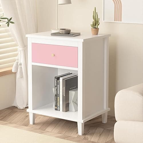 Nightstand with Drawer for Kids, Adults, Wood Bed Side Table with Storage Shelf, Night Stand for Bedroom, 2-Tier Storage End Table for Living Room, White + Pink thumbnail 8