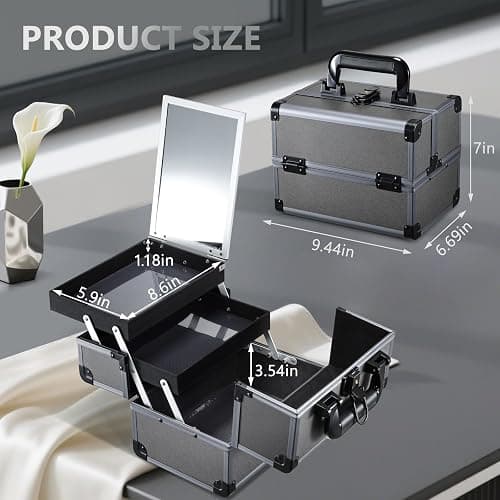 Joligrace Makeup Train Case Makeup Case Organizer Portable Cosmetic Box Storage with 2 Trays Mirror Locking with Keys Make Up Travel Case Nail Kits Traveling Makeup Box Iron Grey thumbnail 5