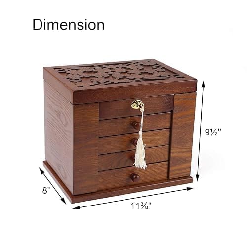 Changsuo Wooden Jewelry Box for Women, Organizer Box of Solid Wood with Lock and Key for Jewelries, Watches, Necklace, Ring, Lockable Storage Case (Dark Brown) thumbnail 2