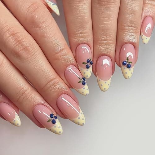Slayoung Polka Dot Press on Nails Summer Fake Nails Medium Almond Nails Press ons with 3D Blueberry Designs Acrylic Reusable Yellow French Tips False Nails Full Cover Stick on Nails for Women 24 Pcs - Image 1