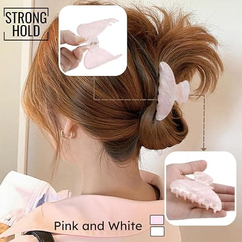 2PCS Pink and White Hair Clips for Women Girls – Kawaii Cut Medium Claw Clips, Trendy Handmade Look Acetate Hair Accessories for Thin Hair thumbnail 5