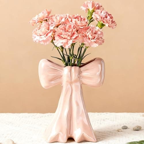 Disoza Bow Vase Pink Vase Ceramic Cute Decorative Flower Tulip Farmhouse Dazzling Modern Home Decor Pampas Grass for Table Bathroom Shelf thumbnail 7