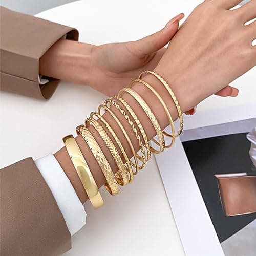 10 Pack Gold Bangles for Women,Stackable Bracelet Set,Stylish Boho Gold Bracelet Stack,Women Jewellery, Diameter: 2.6-2.7in/6.8-7cm thumbnail 3