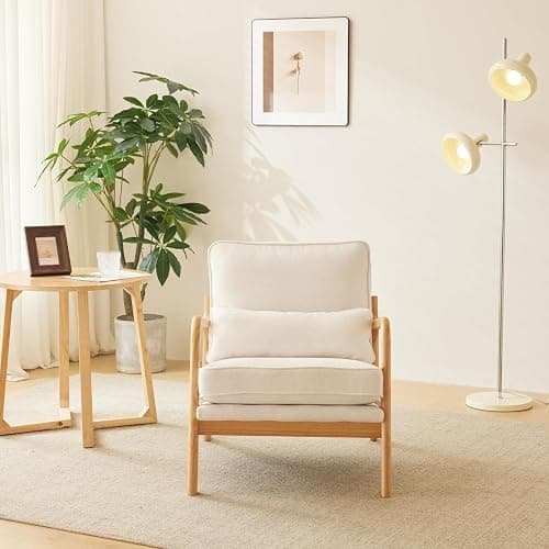 Karl home Accent Chair Mid-Century Modern Chair with Pillow Upholstered Lounge Arm Chair with Solid Wood Frame & Soft Cushion for Living Room, Bedroom, Balcony, Linen White (Low Back) thumbnail 4