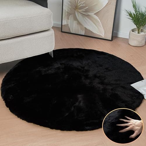 ORINOVA Black Rabbit Shaggy Fur Rug for Bedroom Washable Furry Circle Area Rugs for Living Room Kids Small Round Rug 3ft Nursery Rug thumbnail 3