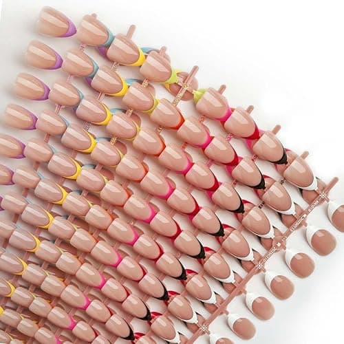 216 Pcs French Tip Press on Nails Short Almond,French Nails Press ons in 9 Different Color Nail Tip,Reusable Fake Nails in 12 Sizes,Glossy False Nails Full Cover Stick on Nails for Women Manicure - Image 1