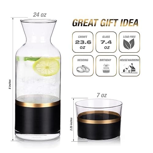 GARIZZE Bedside Water Carafe and Glass Set for Bedroom, Bedside Carafe and Glass Set, Mouthwash Decanter for Bathroom, Water Carafe with Glass Cup for Nightstand (24-oz/7-oz) (BLACK GOLD)Standard Pack thumbnail 3