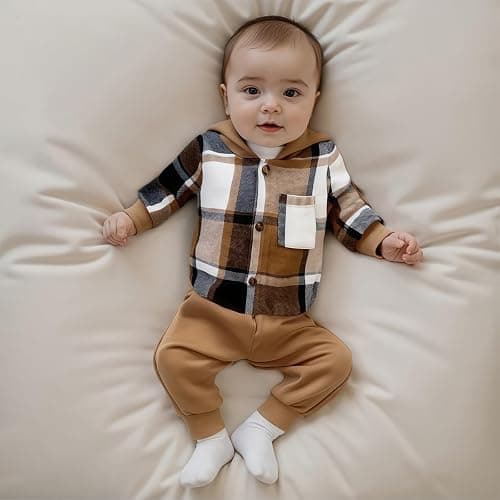 Douhoow Infant Baby Fall Clothes Boy Girl Plaid Hoodie Sweatshirt Romper Flannel Tops+ Sweatpants Festival Outfits thumbnail 4