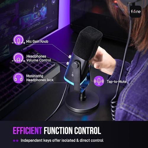 FIFINE USB/XLR Dynamic Microphone for Podcast Recording, PC Computer Gaming Streaming Mic with RGB Light, Mute Button, Headphones Jack, Desktop Stand, Vocal Mic for Singing YouTube-AmpliGame AM8 thumbnail 8