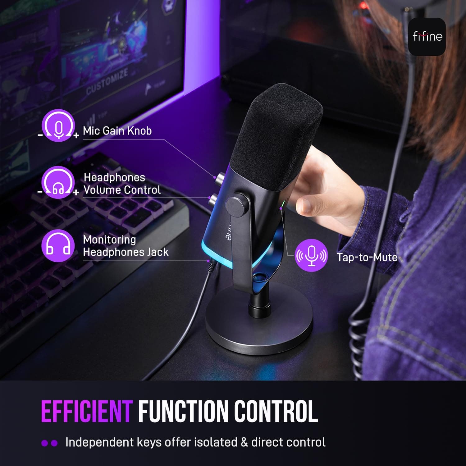 FIFINE XLR/USB Dynamic Microphone for Podcast Recording, PC Computer Gaming Streaming Mic with RGB Light, Mute Button, Headphones Jack, Desktop Stand, Vocal Mic for Singing YouTube-AmpliGame AM8 thumbnail 8