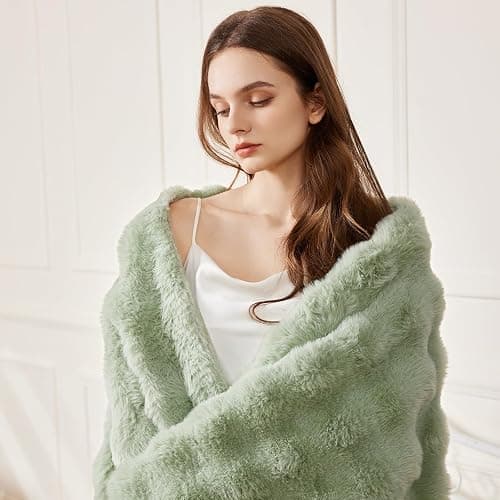 Faux Rabbit Fur Throw Blanket for Couch, Sage Green Throw Blankets 50"x60" | Cozy Reversible Fluffy Throw, Luxury Plush Thick Bubble Blanket, Mothers Gifts for Women, Soft Warm for Bed, Home Decor thumbnail 8
