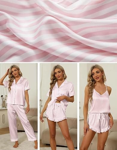 SAPJON Silk Pajamas for Women Set 4Pcs Ruffled Satin Pajamas Set Button Down Short Sleeve Cami Shorts Sleepwear Pj Set thumbnail 2