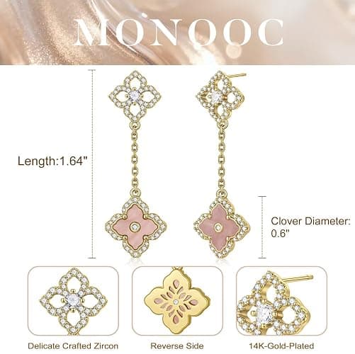 MONOOC Mothers Day Gifts - Clover Dangle Earrings for Women Dangle Stud Earrings 14K-Gold-Plated Lucky Four Leaf Clover Earring for Woman Jewelry Lucky Birthday Mothers Day Gift for Mom Wife Her thumbnail 5