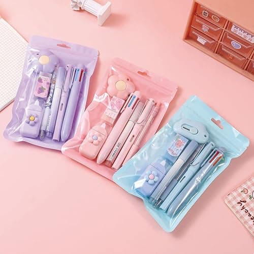7 Pcs Cute Purple Stationery Set Kawaii School Supplies Office Supplies Including Ballpoint Pens Pencil Sharpener Highlighter Correction Tape Ruler Utility Knife (Purple) thumbnail 7