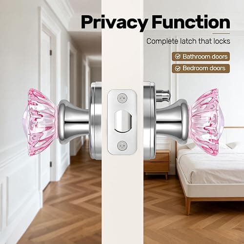 SHINY HANDLES Pink Glass Door Knobs Interior with Lock, Crystal Door Knob | Interior Rose Shape Polished Chrome Privacy Door Knob for Bedroom and Bathroom thumbnail 4