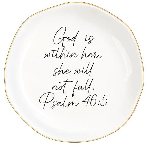 MQPPKJ Christian Gifts for Women, Bible Verse Ceramic Jewelry Dish Trinket Ring Tray, Inspirational Floral Gift for Mom Sister Friend Birthday Christmas-God is within Her Psalm 46: 5 (White-46:5) - Image 1