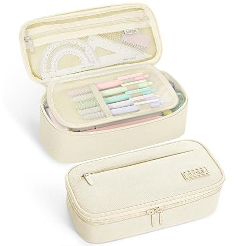 SUNEE Cute Pencil Case, Large Capacity Pencil Pouch, 900D Oxford Big Storage Office Organizer for Stationery, Zipper Pen Bag Makeup Bag, Back to School Supplies for Teen Girls Boys Women Men, Beige - Image 1