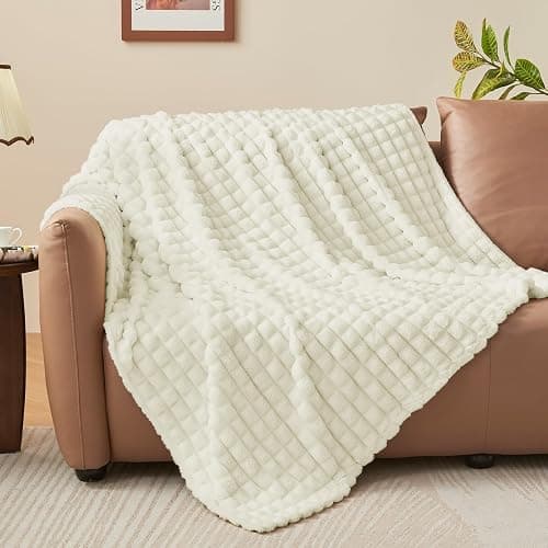 BEDELITE Cream Throw Blanket for Couch and Bed- Super Soft and Warm 3D Checkered Fluffy Fuzzy Fleece Blanket, Luxurious Plush Cozy Blanket for Room Decor Spring, 50x60 inches thumbnail 7