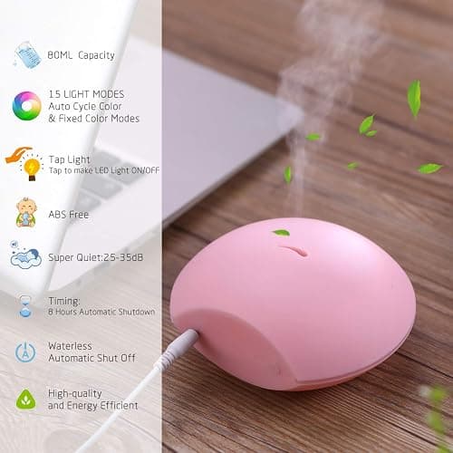 BBSKIN USB Essential Oil Diffuser, Mini Cute Shell Shape Aromatherapy Diffuser for Kids, 80ml Ultrasonic Air Fresher USB Humidifier, BPA Free and Waterless Auto Off Safety for Baby, Kids Bedroom - Pink thumbnail 2