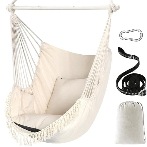 Chihee Hammock Chair Max 500 Lbs 2 Cushions Spreader Bar Strap Carabiner | Collapsible Metal Rod with Anti-Slip Grooves Portable Hanging Swing Side Pocket Macrame Bohemian Chair Indoor Outdoor Graden - Image 1