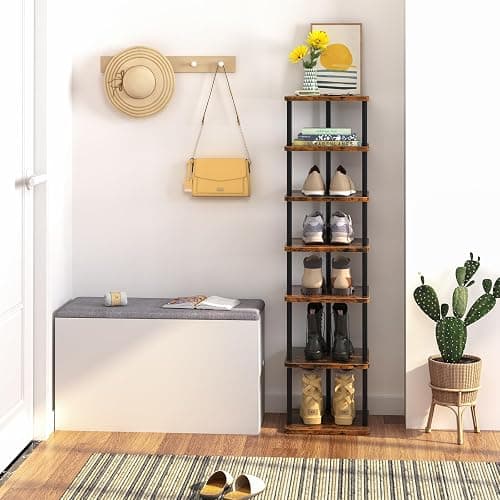Huhote Shoe Rack Organizer, Shoe Stand, 7 Tier Narrow ShoeShelf, Metal ShoeTower, ShoeRack for Closet, Hallway, Entryway, Front Door, Small Spaces, Wood Color thumbnail 4