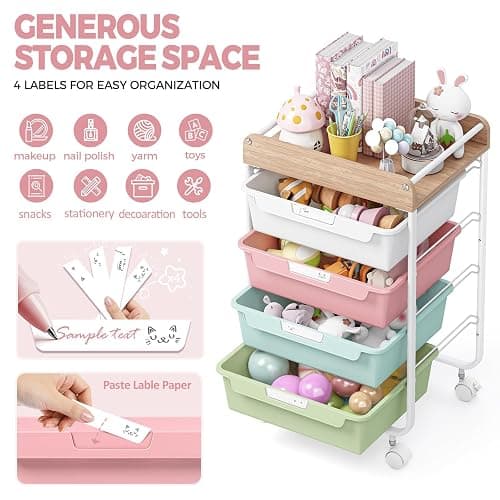 SYKIARIOL Rolling Storage Utility Cart with 4 Drawers,Kids Craft Art Cart,Makeup Organizer and Storage with Wooden Tabletop,Colorful thumbnail 4