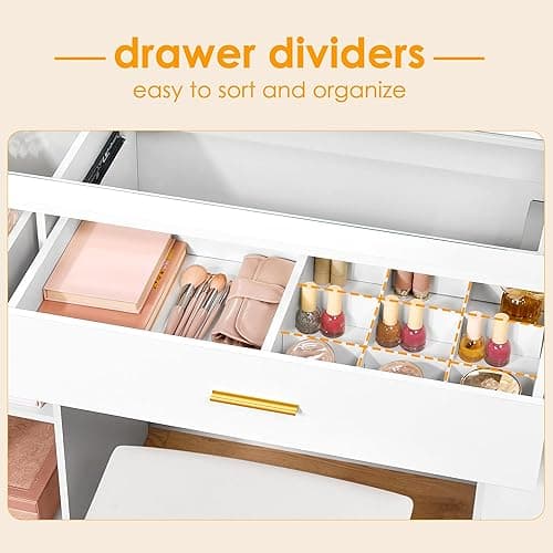 BEWISHOME 49.2" Large Vanity Desk with Mirror and Lights,White Makeup Vanity Table with Glass Top,Stool,Makeup Desk with Power Outlet,5 Drawers,Nightstand,Dressing Table for Bedroom Women FST34W thumbnail 9