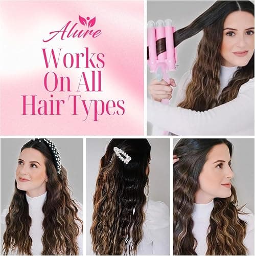 Alure Three Barrel Curling Iron Wand Hair Waver with LCD Temperature Display - 1 Inch Ceramic Tourmaline Triple Barrels, Dual Voltage Crimp (White/Pink) thumbnail 2