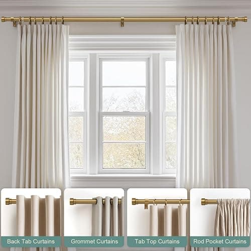 Lootkell Warm Gold Curtain Rods for Windows 72 to 144 Adjustable Length Heavy Duty 1" Diameter Brass Bronze Long Window Curtain Rod with Solid Metal Finials for Outdoor Farmhouse Bedroom Living Room thumbnail 5