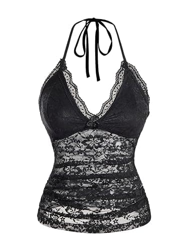 SHENHE Women's Y2k Lace Halter Top Tie Backless Deep V Neck Sexy Fitted Crop Top - Image 1