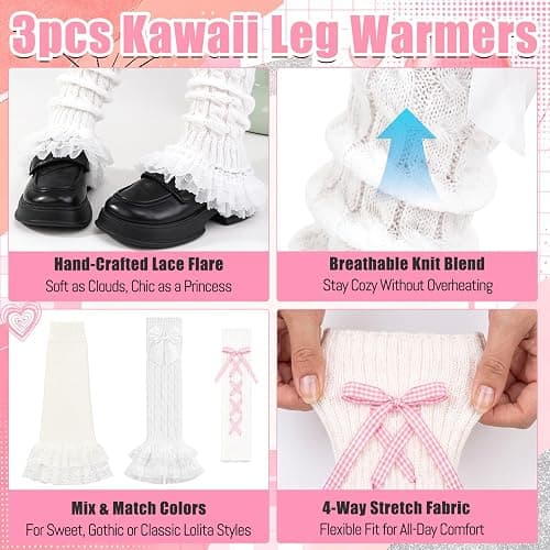 KKuSoxyy 3PCS Y2K Lace Leg Warmers, Kawaii Lolita Knit Leg Sleeves | Cute Lace Bow Ruffle Design, Soft Slouchy Stretchy Knit Fabric, One Size, for Lolita, Ballet, Cosplay Party and Daily Wear thumbnail 4