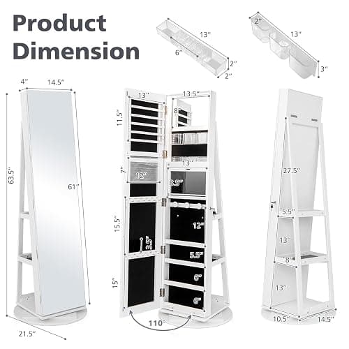CHARMAID 360° Swivel Jewelry Armoire with Full Length Mirror, Rear Storage Shelves, Lockable Standing Jewelry Cabinet Organizer with Interior Vanity Mirror and 3-Color Lights (White) thumbnail 3