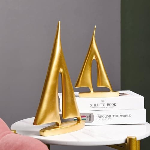 Modern Sculptures Home Decor, Gold Sailboat Decor Ornament, Boat Decorations Statue Decor, Art Sculptures and Statues, Sailboat Gifts Home Office Bathroom Shelf Decor Nautical Decor (2 Pack) thumbnail 5