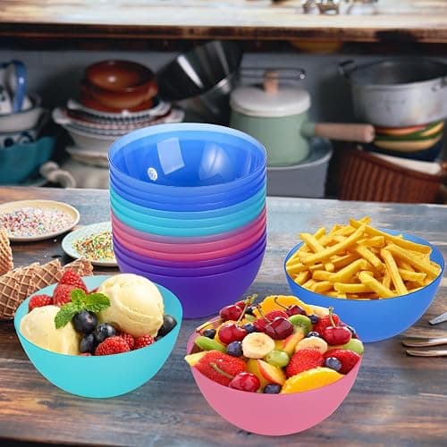 yarlung 20 Pack 24 Oz Plastic Salad Bowls, 6 Inch Snack Bowls Lightweight Cereal Bowls Set for Pasta, Soup, Rice, Clear 4 Colors thumbnail 8