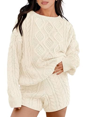 ANRABESS Women 2 Piece Outfits Sweater Lounge Loungewear Sets 2025 Winter Cable Knit Oversized Sweaters Shorts Matching Sets - Image 1