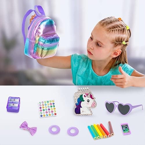 18INDC 18 Inch Girl Doll Clothes and Accessories School Supplies Playset with Clothes Set, School Bags, Sunglasses, Pencils, Pencil Sharpener, Notebooks, Phone, Hair Clip, Stickers （No Dolls） thumbnail 5