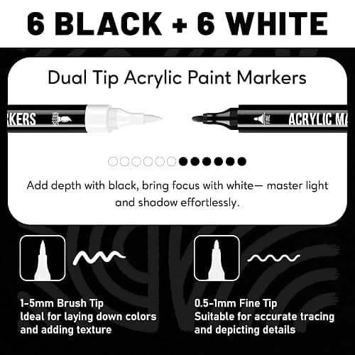 Pagather Black and White Acrylic Paint Markers, Dual Tip with Fine Tip and Brush Tip Pens for Fabric, Stone, Wood, Canvas, Ceramic, Metal, Glass, Rock Painting, DIY Crafts thumbnail 2